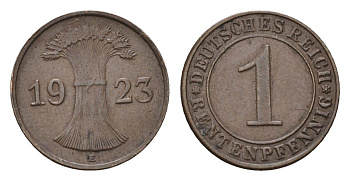 Германия 1 рентенпфенниг 1923 E KM 30, J. 306 бронза 46-2056