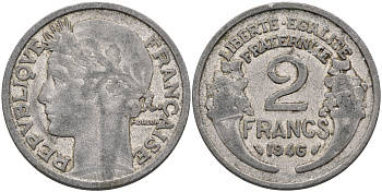 Франция 2 франка 1946 KM 886а.1 алюминий 4589-621