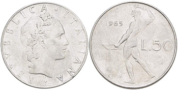 ИТАЛИЯ 50 ЛИР 1965 R, КУЗНЕЦ, ВУЛКАН БОГ ОГНЯ, ДИАМЕТР 25 ММ. KM 95.1 нержавеющая сталь 4402-1215