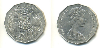 Австралия 50 центов 1975 Елизавета II (1952-2022), герб Австралии, кенгуру KM 68 медно-никель 47-113