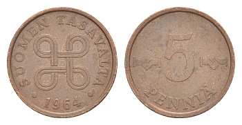 Финляндия 5 пенни 1964 KM 45 медь 4647-254