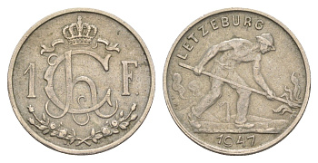 Люксембург 1 франк 1947 Шарлотта (1918-1964), сталевар KM 46.1 медно-никель 34-826