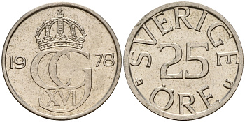 Швеция 25 эре 1978 Карл XVI Густав (1973- ) KM 851 медно-никель 4598-1232