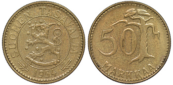 ФИНЛЯНДИЯ 50 МАРОК 1954 H KM 40 алюминиевая бронза 3334-754