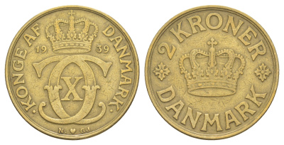 Дания 2 кроны 1939 N, Кристиан X (1912-1947) KM 825 алюминиевая бронза 4653-521
