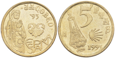 Испания 5 песет 1993 СВЯТОЙ ЯКОБ(JACOBEO) , Хуан Карлос I ( 1975-) KM 919 никель латунь 187-346