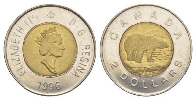 Канада 2 доллара 1996 Елизавета II (1952-2022), полярный медведь KM 270 биметалл UNC 4637-1027