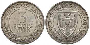 Германия 3 марки 1926 A, 700 лет свободному городу Любек J. 323, KM 49 серебро 00-819-24