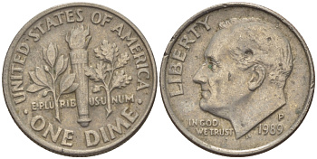 США 10 ЦЕНТОВ = 1 ДАЙМ 1989 P, РУЗВЕЛЬТ KM 195а медь плакированная медно-никелем 66-1123