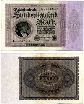 Германия 100000 марок 1923 1 февраля 1923, выпуск (март 1923-5 июля 1925), номер восьмизначный, серия L 02042351 Pick 83, Розенберг 82а бумага 8564-40-2-2
