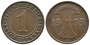 Германия 1 рейхспфенниг 1935 D KM 37, J. 313 бронза 220-119