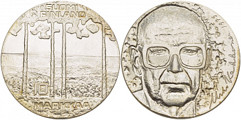 Финляндия 10 марок 1975 S-H, 75 лет президенту Урхо Кекконену KM 54 серебро UNC 1515-1542