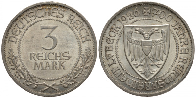 Германия 3 марки 1926 A, 700 лет свободному городу Любек J. 323, KM 49 серебро 00-819-24