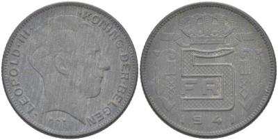 БЕЛЬГИЯ 5 ФРАНКОВ 1941 BELGEN, ГЕРМАНСКАЯ ОККУПАЦИЯ, ВТОРАЯ МИРОВАЯ ВОЙНА KM 130 цинк 217-133