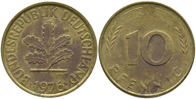 ФРГ 10 ПФЕННИГОВ 1976 J KM 108, J.383 сталь плакированная латунью 98-512