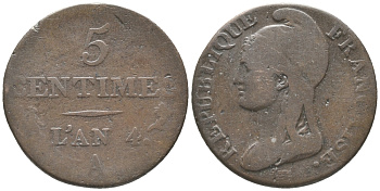 ФРАНЦИЯ 5 САНТИМОВ 1795 А, ДИРЕКТОРИЯ (1795-1799) LAN 4 KM 635.1 (С131.1) бронза 34-413