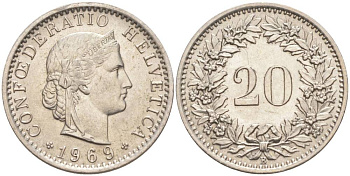 Швейцария 20 раппенов 1969 В KM 29а медно-никель 55-916