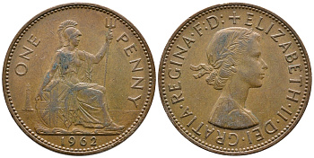Великобритания 1 пенни 1962 Елизавета II (1952-2022) KM 897, Spink 4157 бронза 83-512