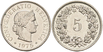 Швейцария 5 раппенов 1975 KM 26 медно-никель 4608-463