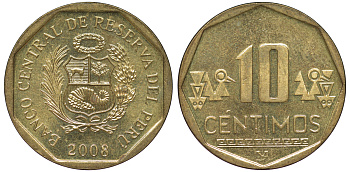 Перу 10 сентимо 2008 KM 305.4 латунь aUNC 4605-537