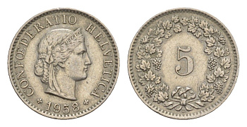Швейцария 5 раппенов 1958 B KM 26 медно-никель 4643-335