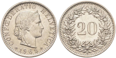 Швейцария 20 раппенов 1969 В KM 29а медно-никель 55-916