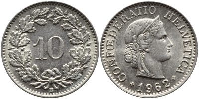 ШВЕЙЦАРИЯ 10 РАППЕНОВ 1962 В KM 27 медно-никель 4392-136