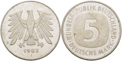 ФРГ 5 марок 1982 J, KM 140.1, J. 415 медно-никель плакированный никелем 59-1142