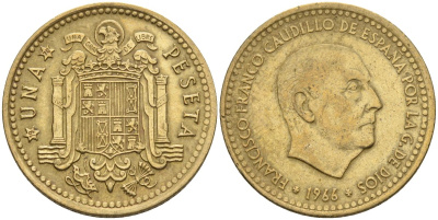 Испания 1 песета 1966 (70) Франсиско Франко (1939-1975) KM 796 алюминиевая бронза 4604-133