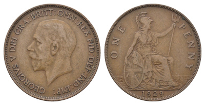 Великобритания 1 пенни 1929 Георг V (1910-1936) KM 838, Spink 4055 бронза 4661-724