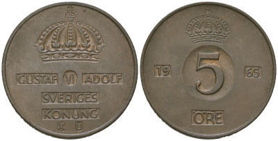 Швеция 5 эре 1965 U, Густав VI Адольф (1950-1973) KM 822 бронза 4641-521