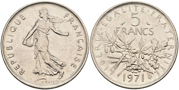 Франция 5 франков 1971 сеятель KM 926a.1, Le Franc 341.3 медно-никель плакированный никелем 4587-1226