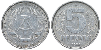 ГДР 5 пфеннигов 1972 A KM 9.1 алюминий 62-244