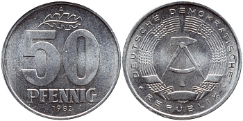 ГДР 50 ПФЕННИГОВ 1982 А KM 12.2 алюминий UNC 4391-357