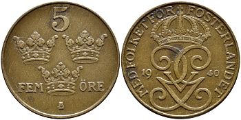 Швеция 5 эре 1940 SERIF, Густав V (1907-1950) KM 779.2 бронза 4394-413
