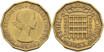 Великобритания 3 пенса 1953 Елизавета II (1952-2022) KM 886, Spink 4152 никель латунь 4589-934