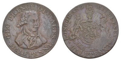 Великобритания, Мидлсекс 1/2 пенни ND (1787-1797) Национальная серия - Принц Уэльский, гурт - надпись, токен Dalton & Hamer 953a, Atkins 742 медь 3711-145