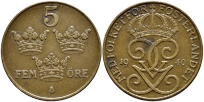 Швеция 5 эре 1940 SERIF, Густав V (1907-1950) KM 779.2 бронза 4394-413