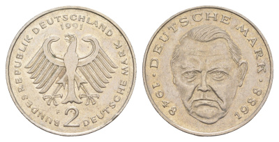 Германия 2 марки 1991 F, Людвиг Эрхард, 40 лет Федеративной Республике (1948-1988) KM 170, J. 445 медь плакированная медно-никелем 4641-843