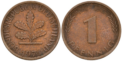 ФРГ 1 пфенниг 1974 J KM 105, J. 380 сталь плакированная медью    4598-545
