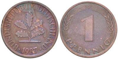 ФРГ 1 пфенниг 1987 D KM 105 сталь плакированная медью 4613-1214