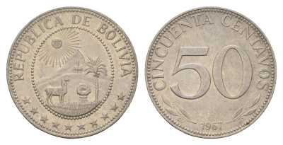 Боливия 50 сентаво 1967 KM 190 сталь плакированная никелем 4132-257