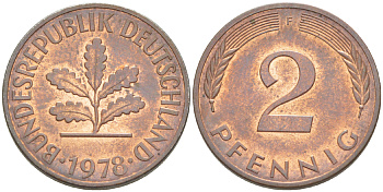 ФРГ 2 ПФЕННИГА 1978 F KM 106а, J. 381а сталь плакированная сталь плакированная медьюю 4181-831