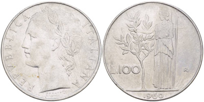 ИТАЛИЯ 100 ЛИР 1960 R, АФИНА У ОЛИВКОВОГО ДЕРЕВА KM 96.1 нержавеющая сталь 4545-625