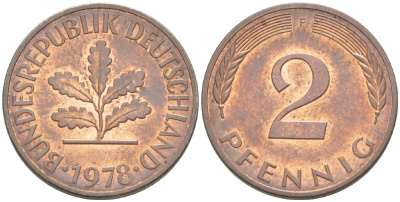 ФРГ 2 ПФЕННИГА 1978 F KM 106а, J. 381а сталь плакированная сталь плакированная медьюю 4181-831