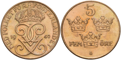 Швеция 5 эре 1940 Густав V (1907-1950) KM 779.2 бронза 4148-236