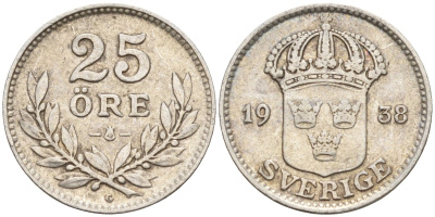 Швеция 25 эре 1938 G, Густав V (1907-1950) KM 785 серебро 4147-945