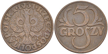 ПОЛЬША 5 ГРОШЕЙ 1931 w KM 10а, Parchimowicz 103e бронза 216-942
