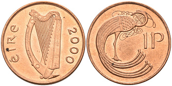 Ирландия 1 пенни 2000 птичка KM 20а сталь плакированная медью UNC 92-217