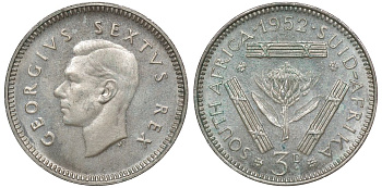 Южная Африка 3 пенса 1952 Георг VI (1937-1952) KM 35.2 серебро UNC 1528-623
